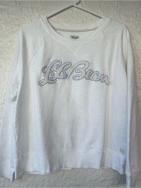 LL Bean Women's Peaks Island Crewneck, Logo, White / Blue, 100% Terry Cotton; XL